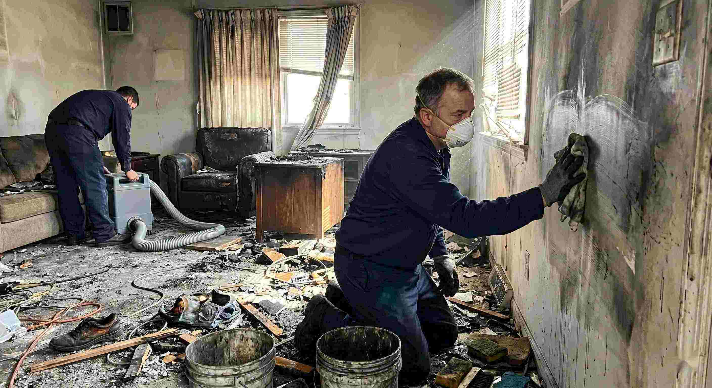 Technician performing soot removal in a fire-damaged home in Baltimore, carefully cleaning walls and surfaces covered in smoke residue and ash