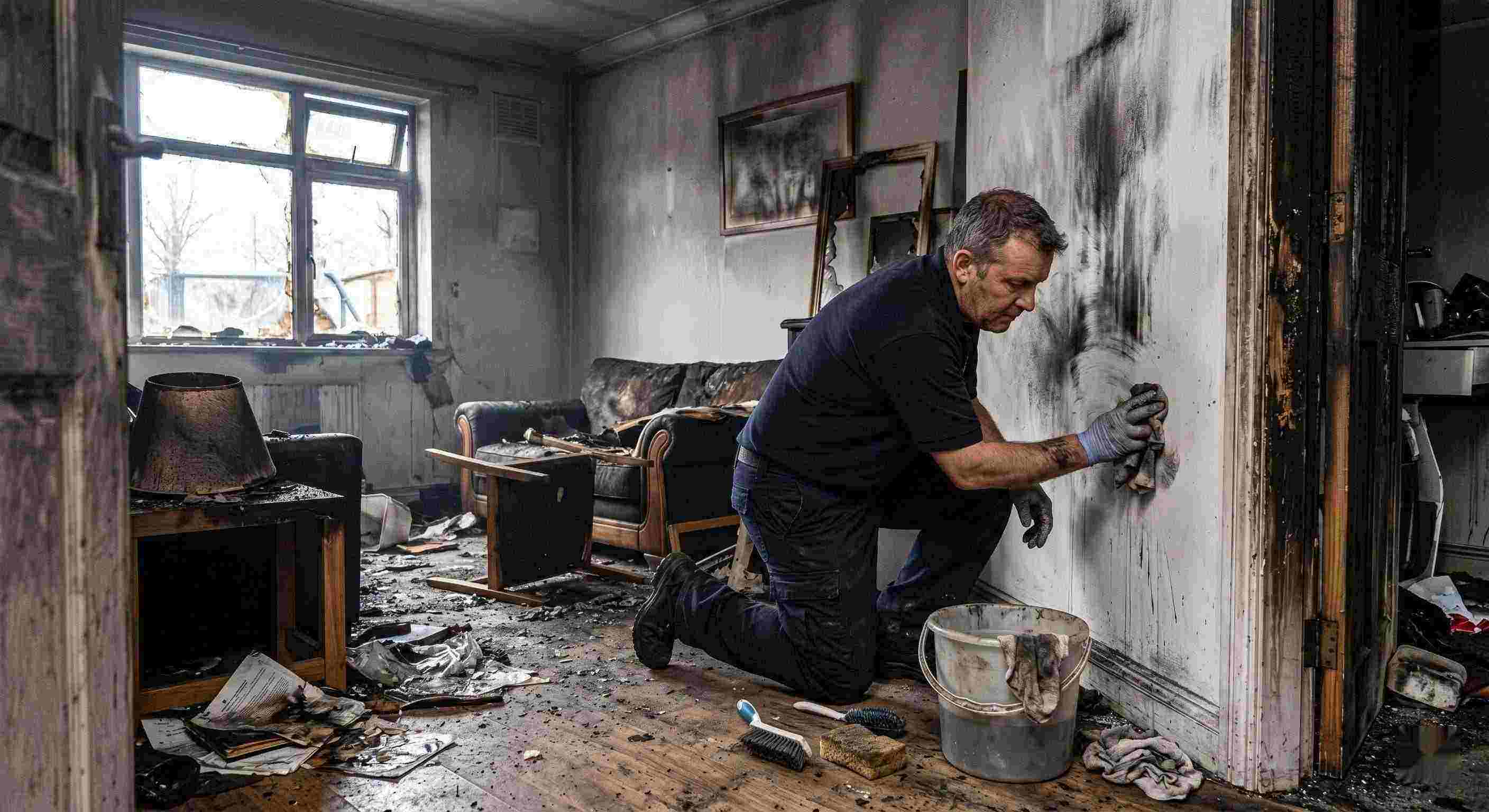 Technician performing soot removal in a fire-damaged home in Baltimore, restoring smoke-damaged walls and surfaces.