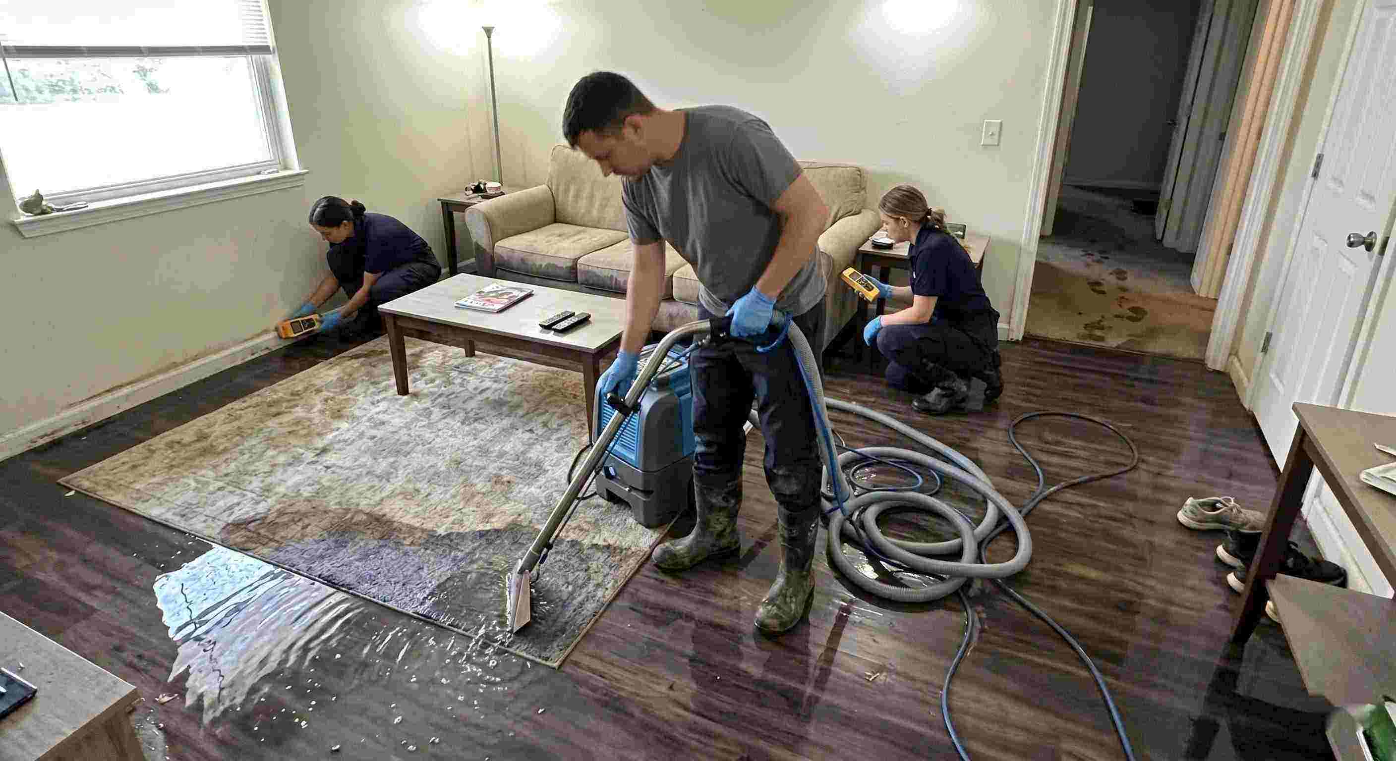 Standing water extraction service removing pooled water inside a home in Baltimore