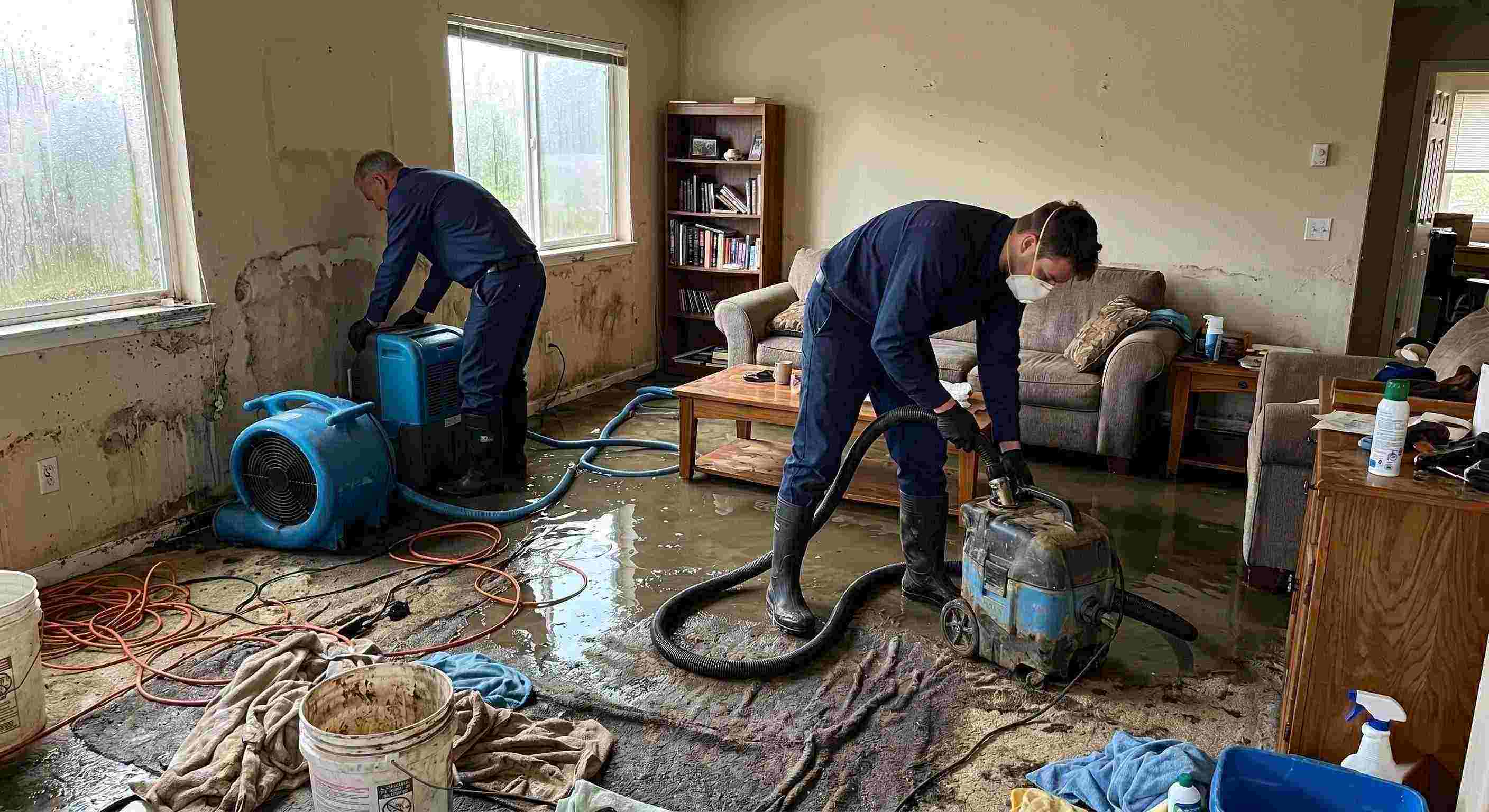 Storm water damage cleanup in a residential home showing technicians removing standing water and setting up drying equipment in Baltimore.