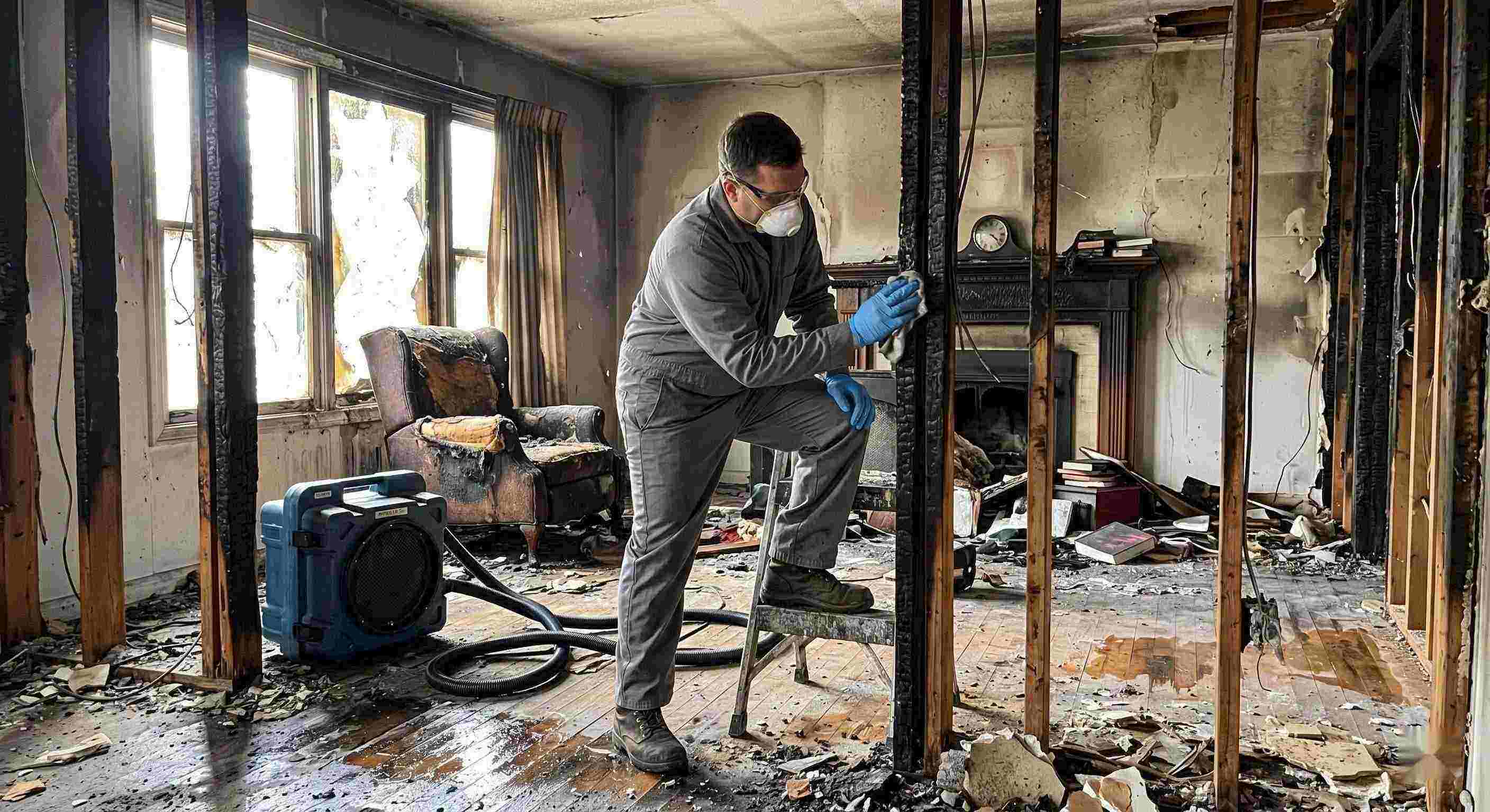Fire damage structural cleaning after a residential fire in Baltimore showing soot-covered beams, charred walls, and a technician restoring the home.