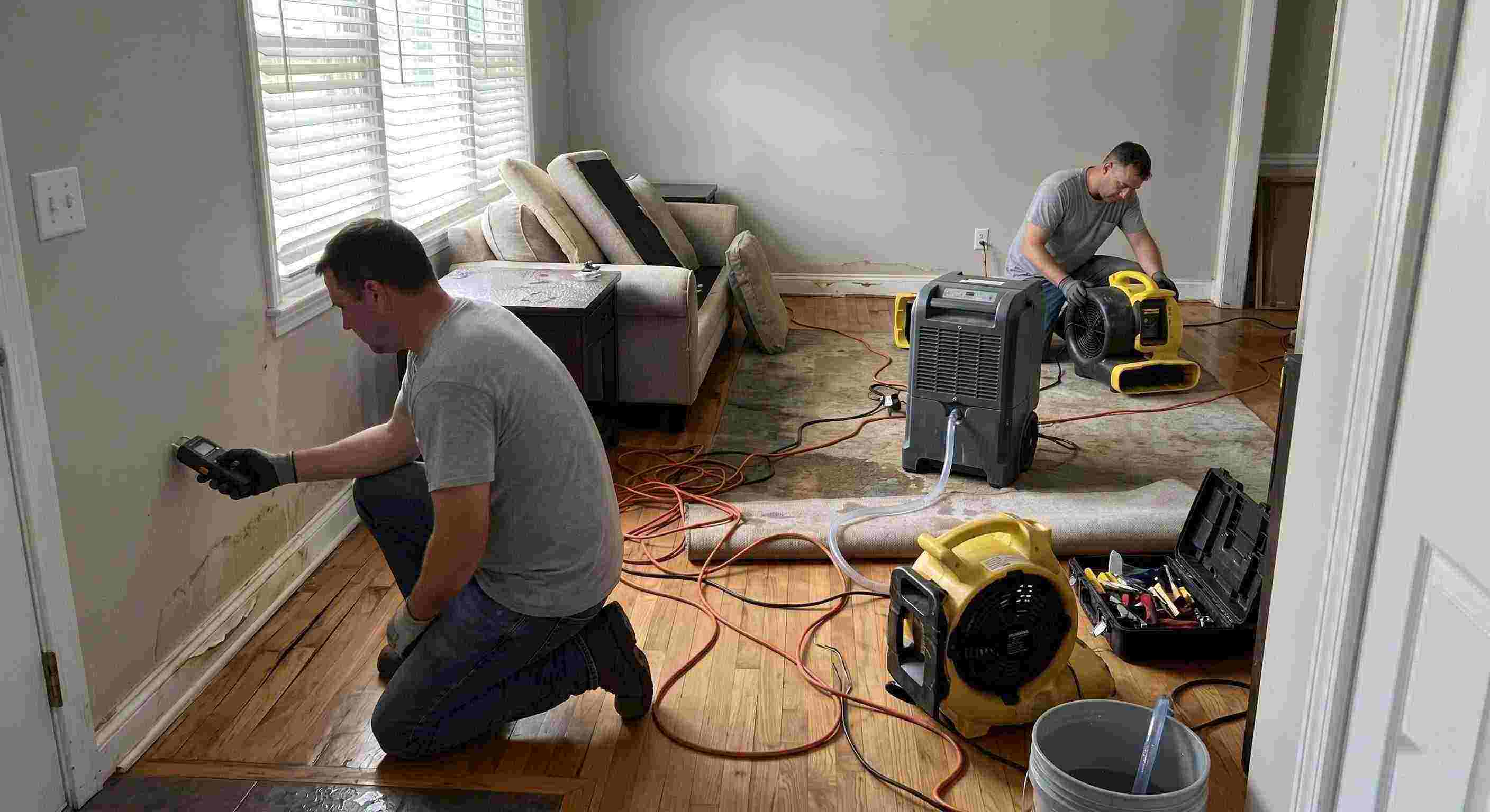 structural drying and dehumidification equipment removing moisture inside a water damaged home in Baltimore