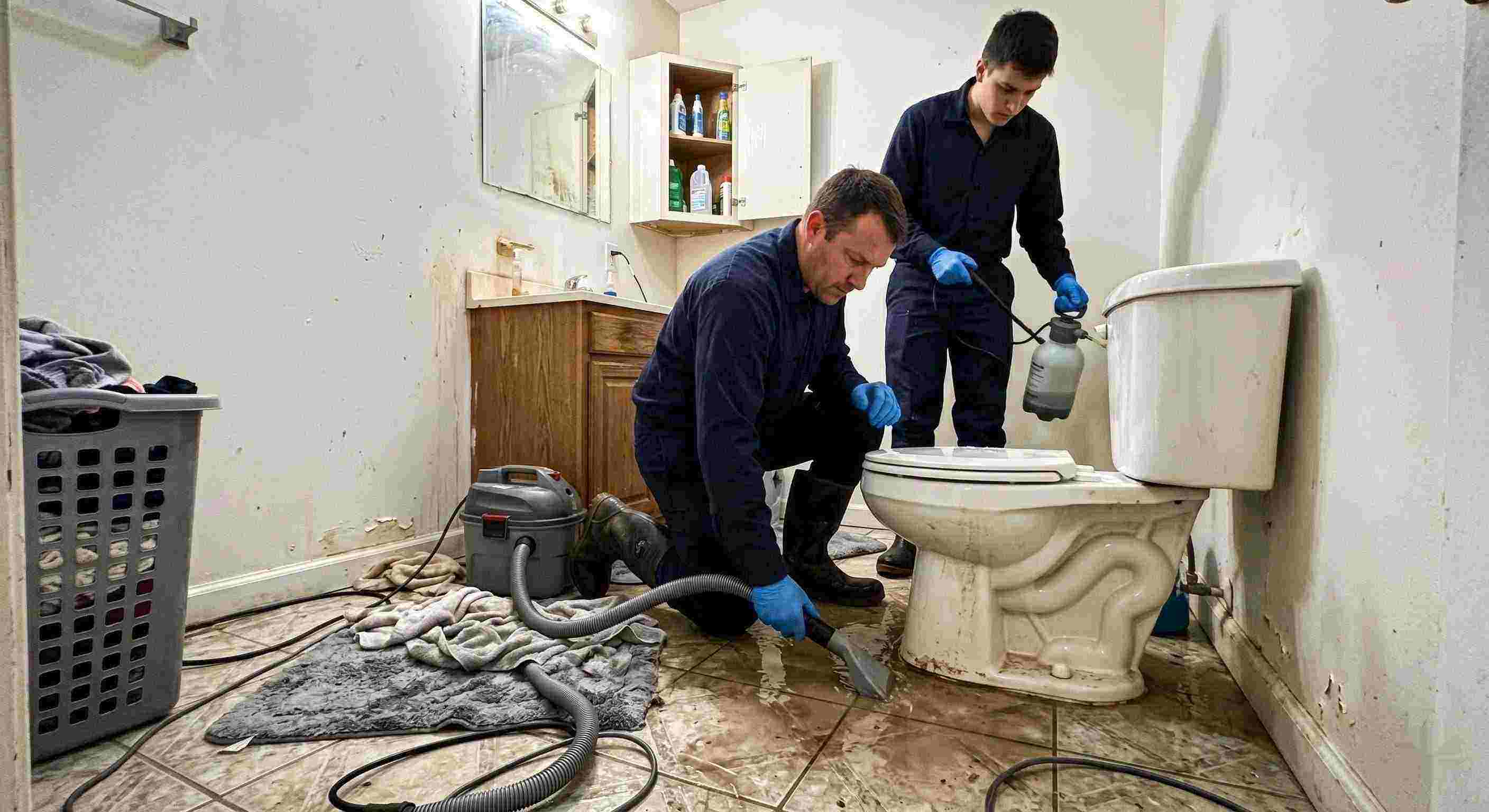 toilet overflow cleanup service in Baltimore with technicians extracting contaminated water from bathroom floor