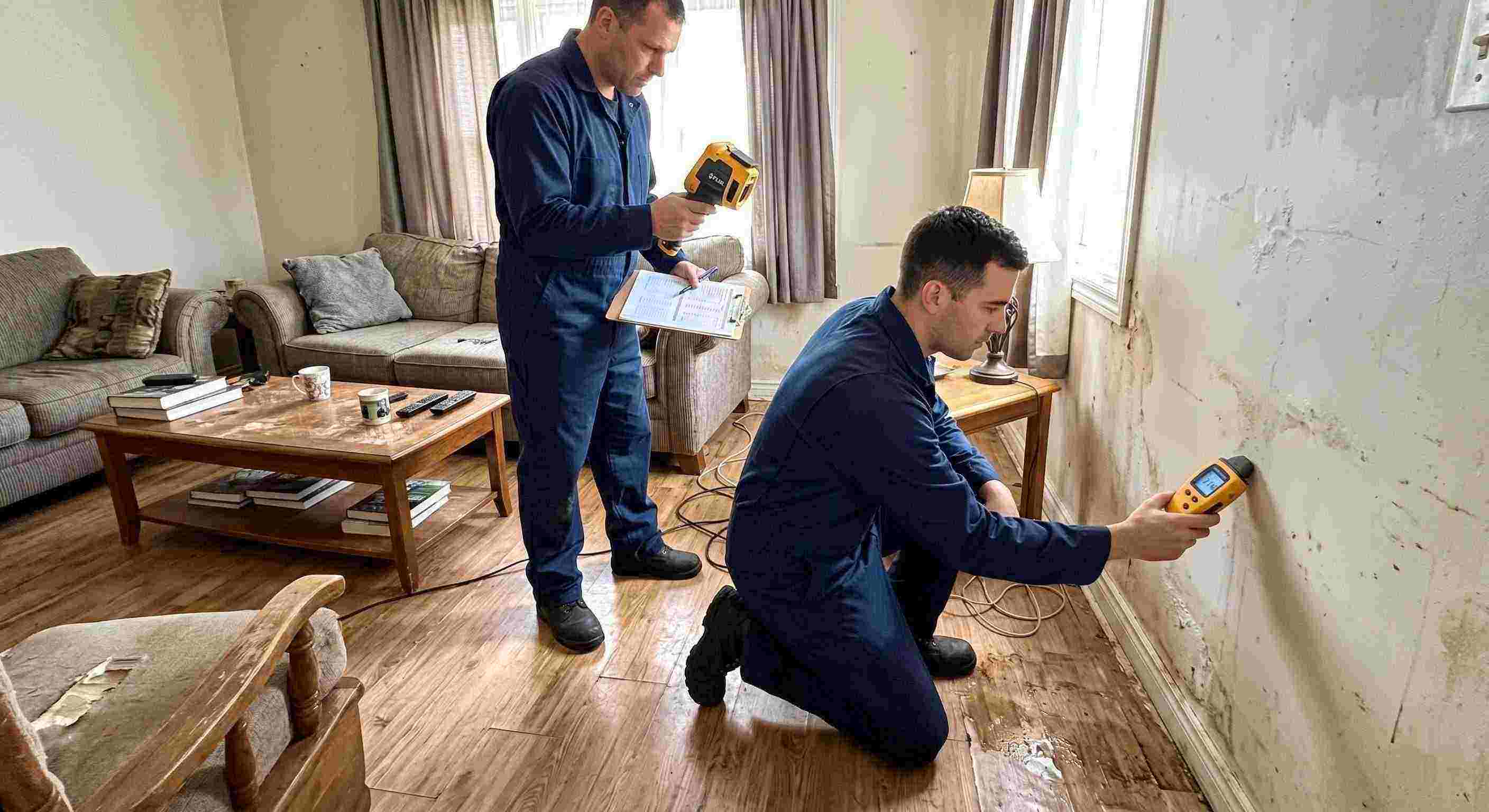 Professional water damage inspection technician using moisture meter and thermal imaging in Dundalk home