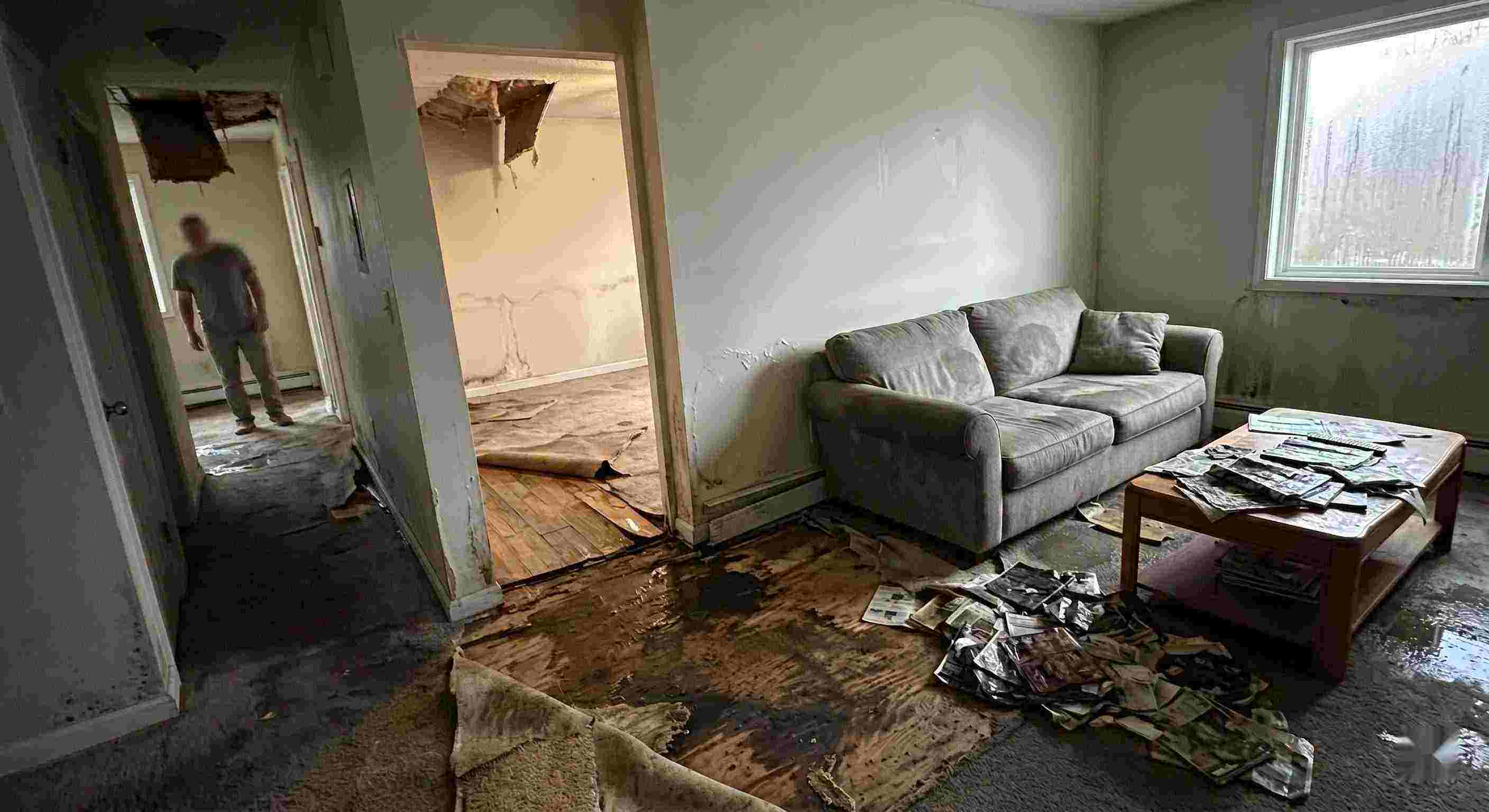 Trusted severe indoor water damage in Dundalk home with soaked floors, peeling walls, and structural deterioration