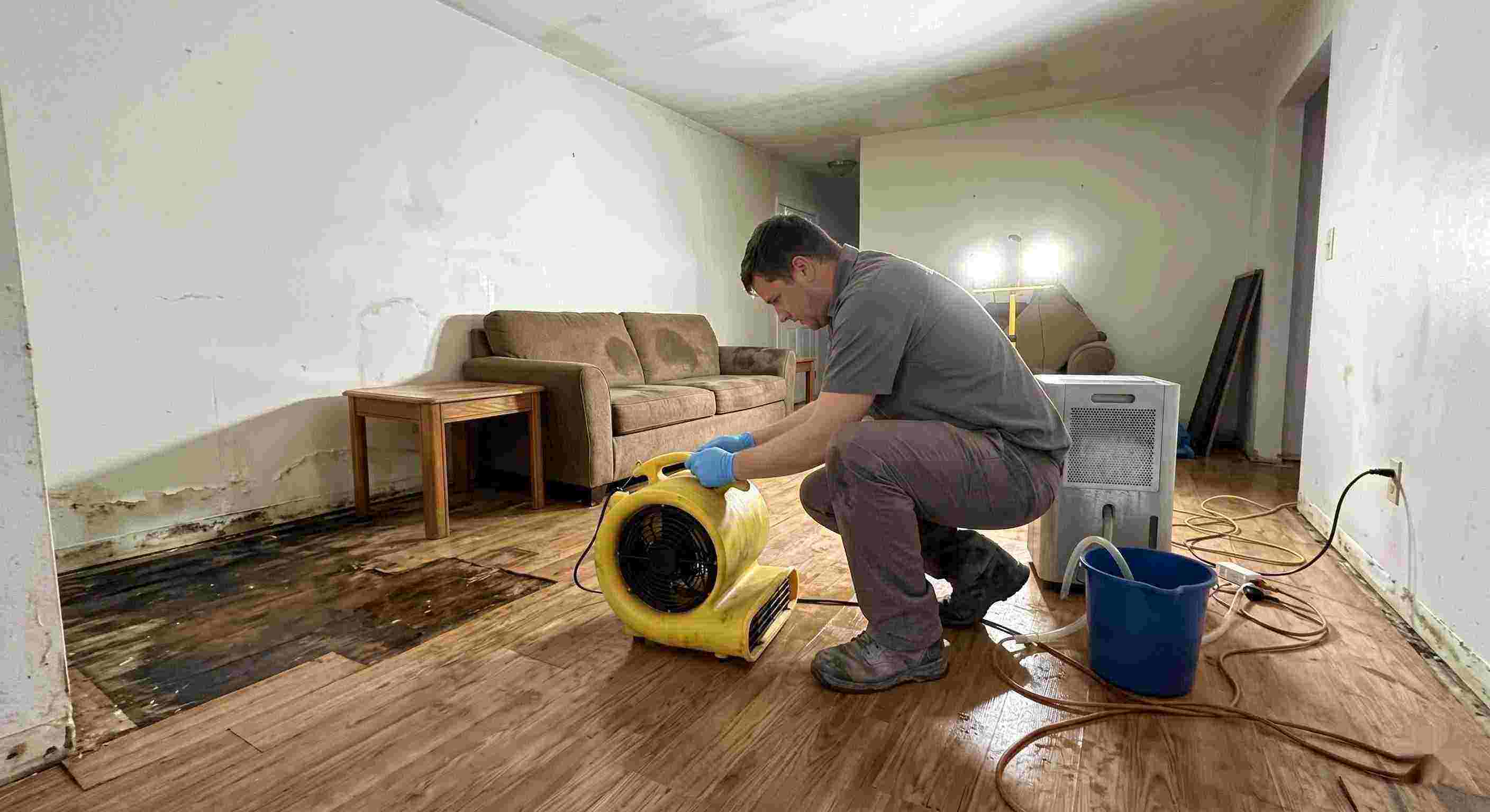 Best water damage restoration technician drying wet floors with equipment during cleanup process in Dundalk