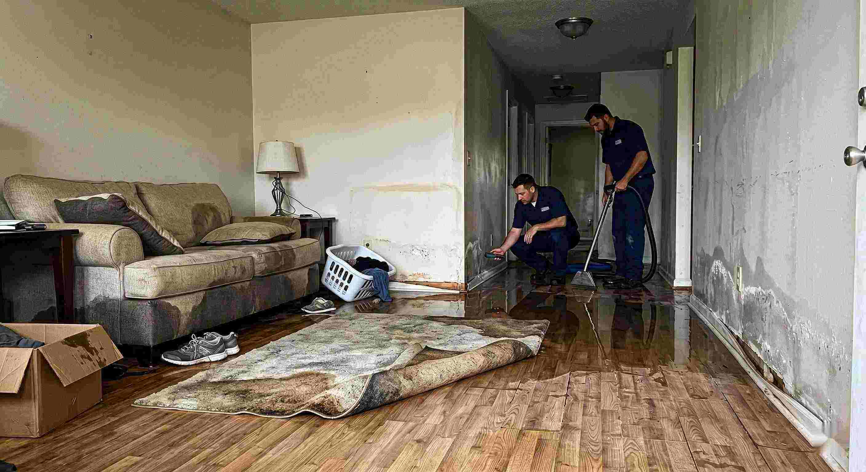 water damage spreading across floors and walls inside a home in Baltimore showing soaked flooring and structural impact