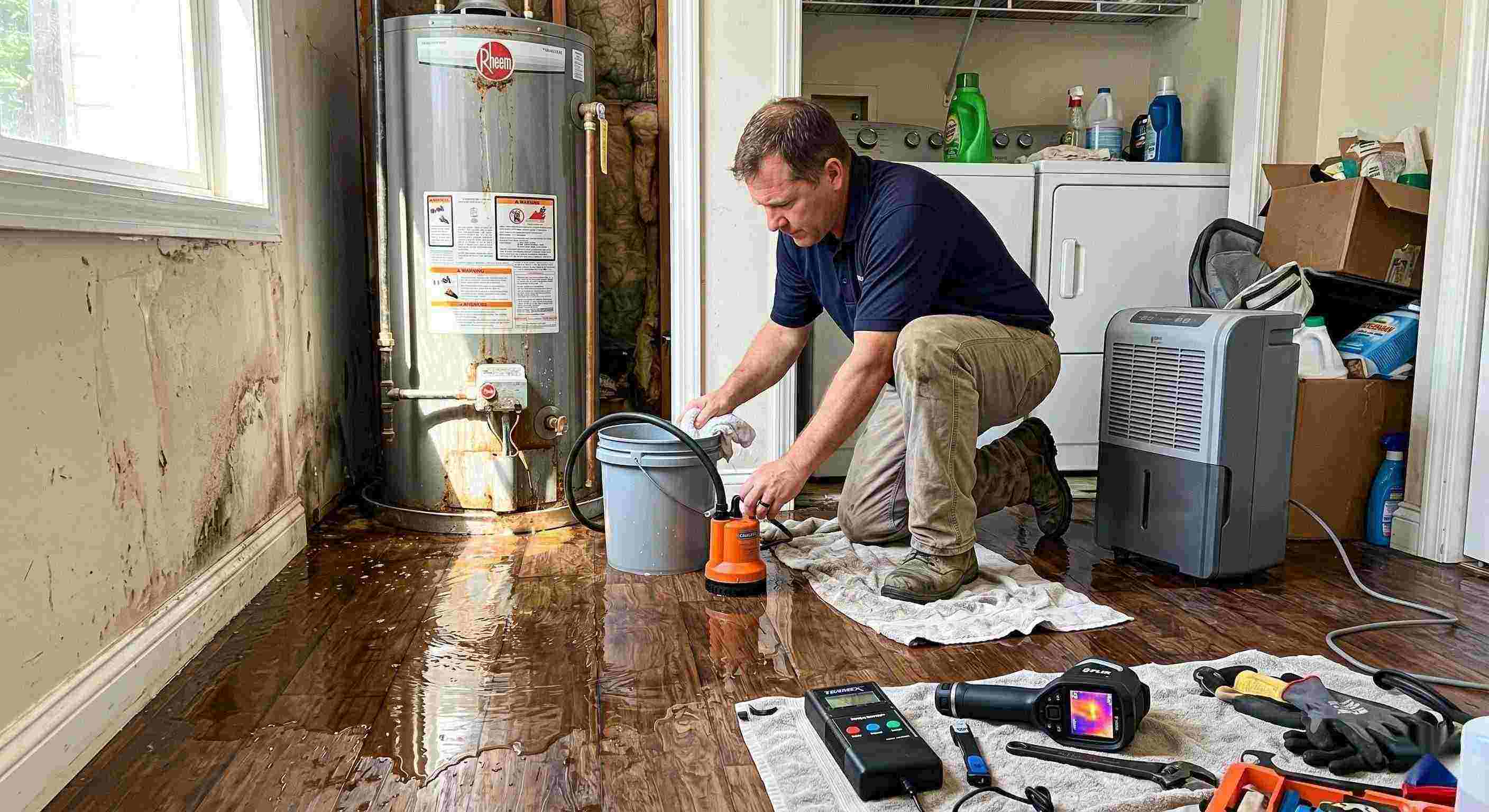 Technician performing water heater leak damage restoration in a home with water pooled on the floor and visible moisture damage in Baltimore