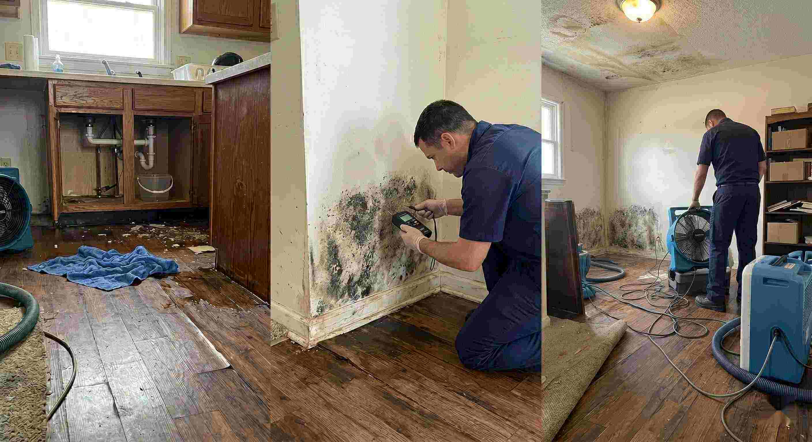 Realistic photo of water leak damage inside a home, showing pooled water, damp flooring, and technicians performing leak damage restoration in Baltimore.