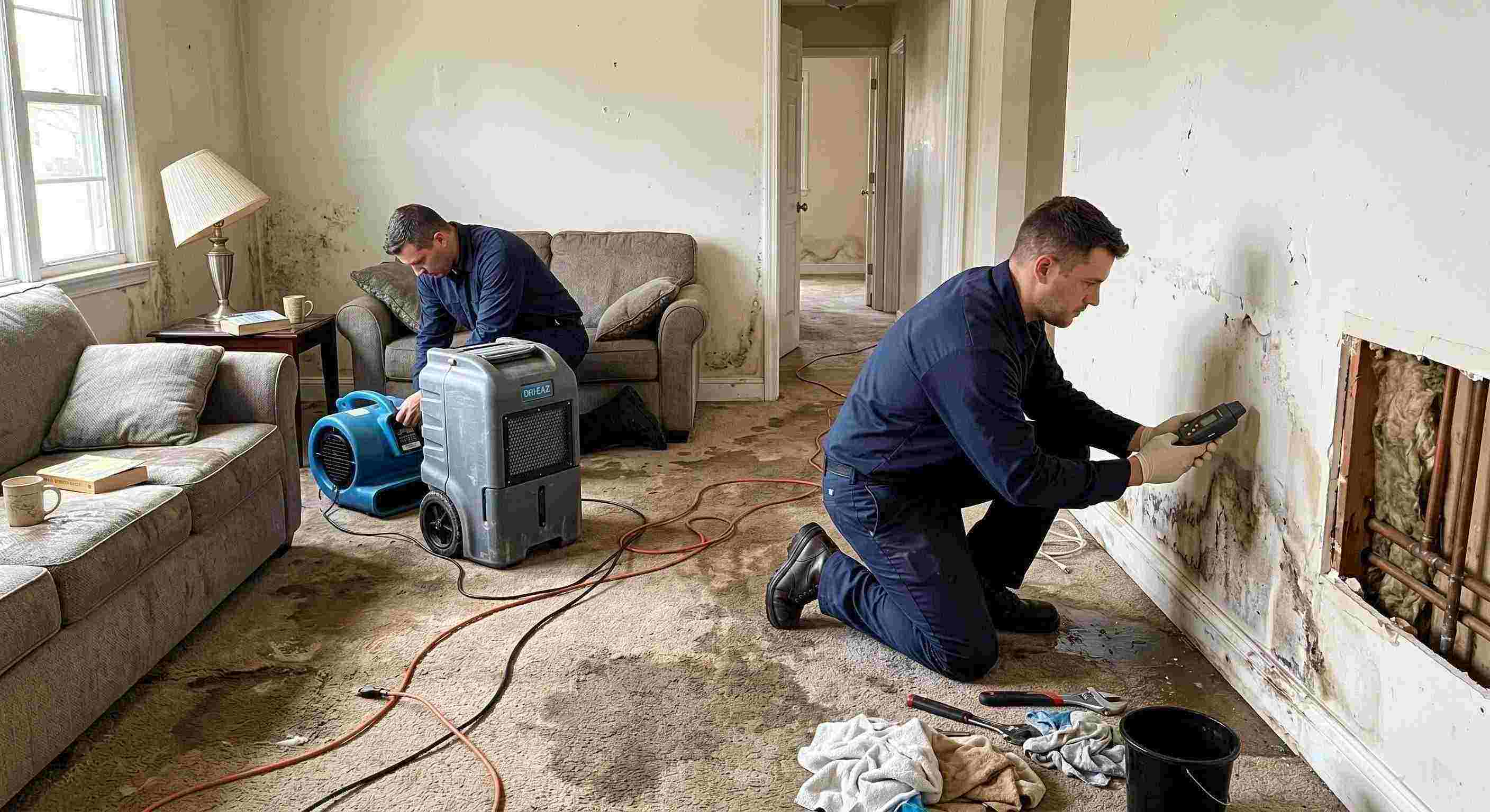 Realistic water leak damage repair scene in a residential home showing technicians locating and repairing a hidden pipe leak in Baltimore.