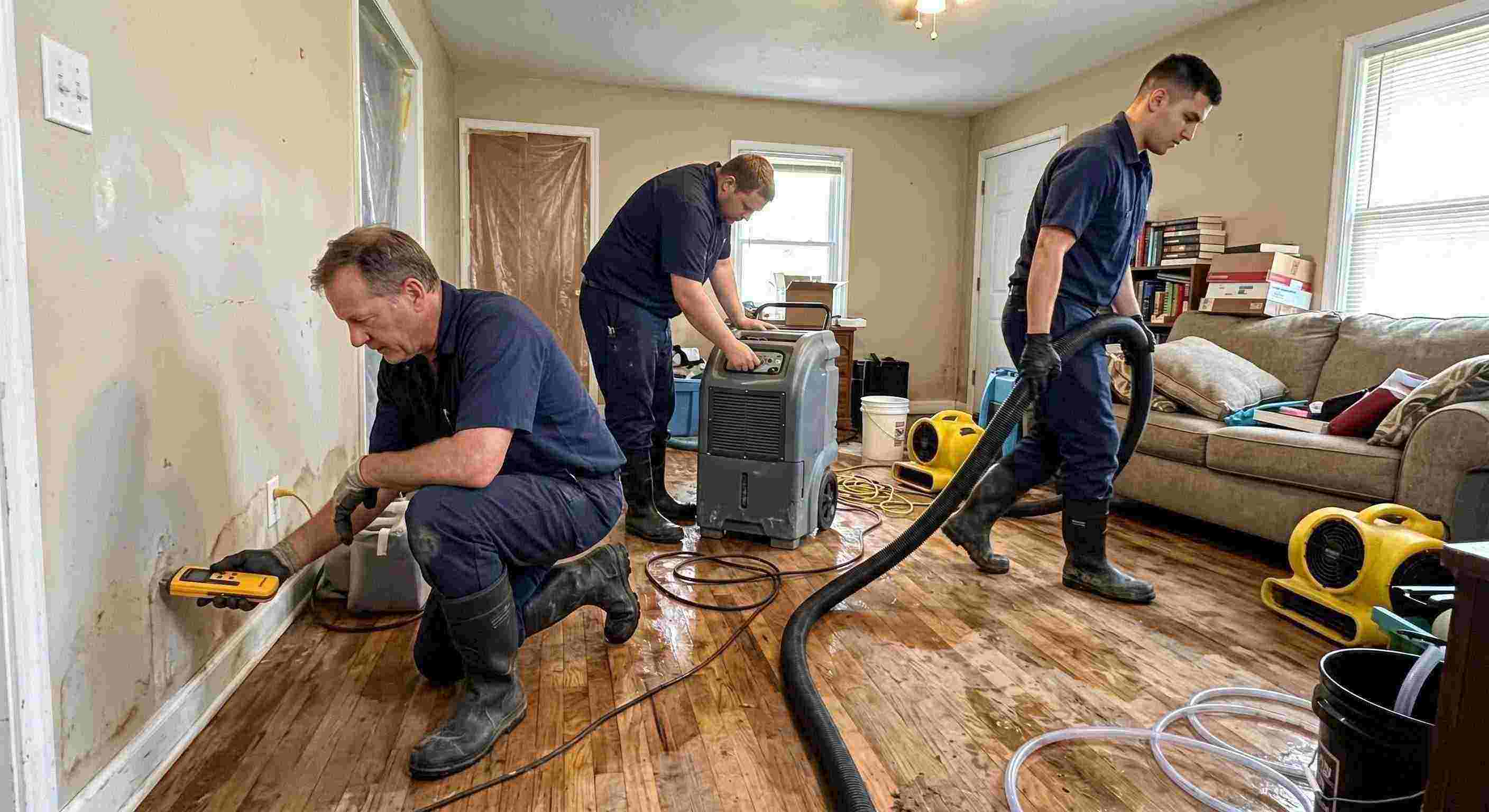 water restoration experts team using professional equipment during water extraction in Baltimore