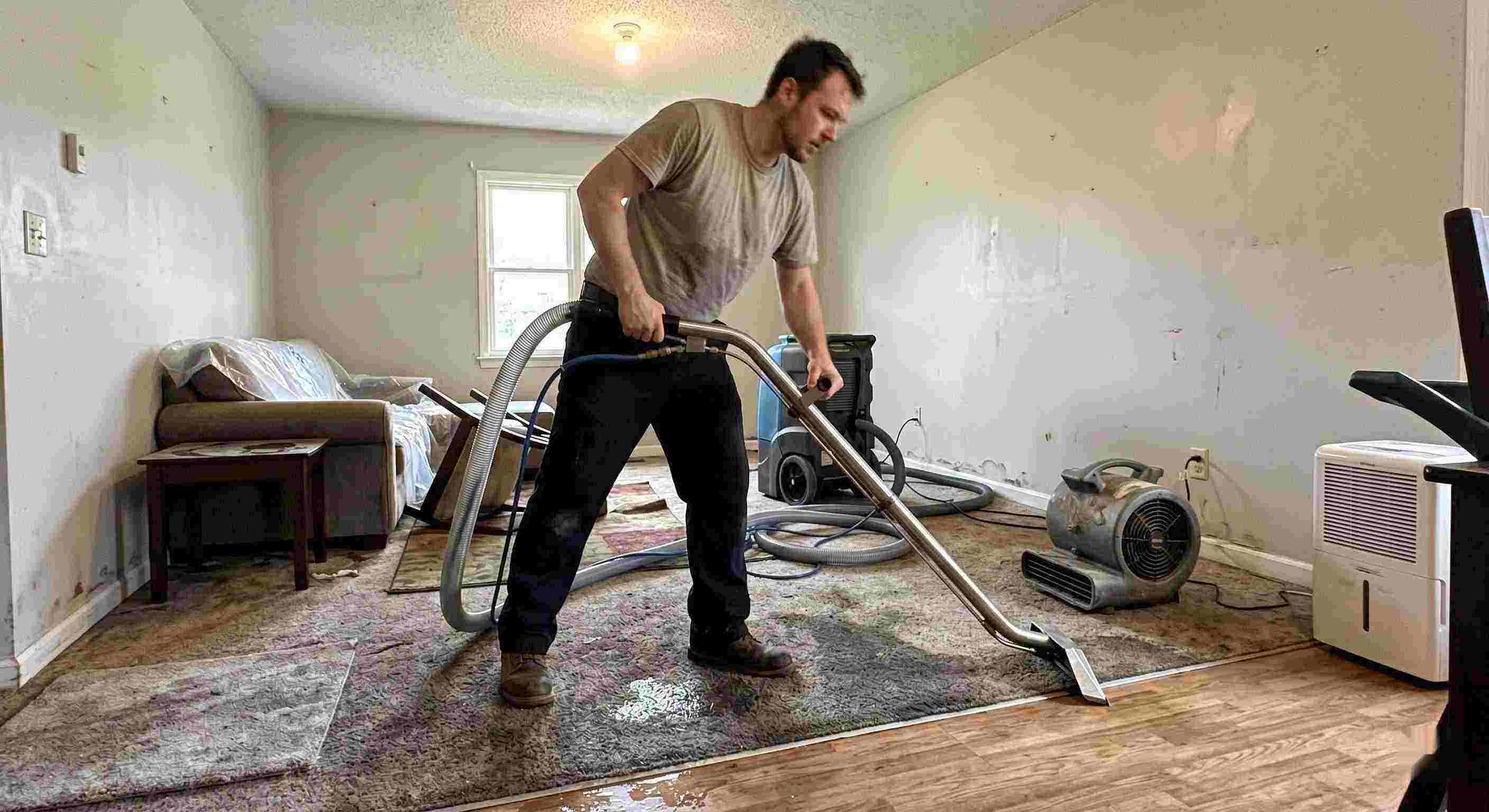 Water extraction technician removing water during restoration process in a residential home in Baltimore
