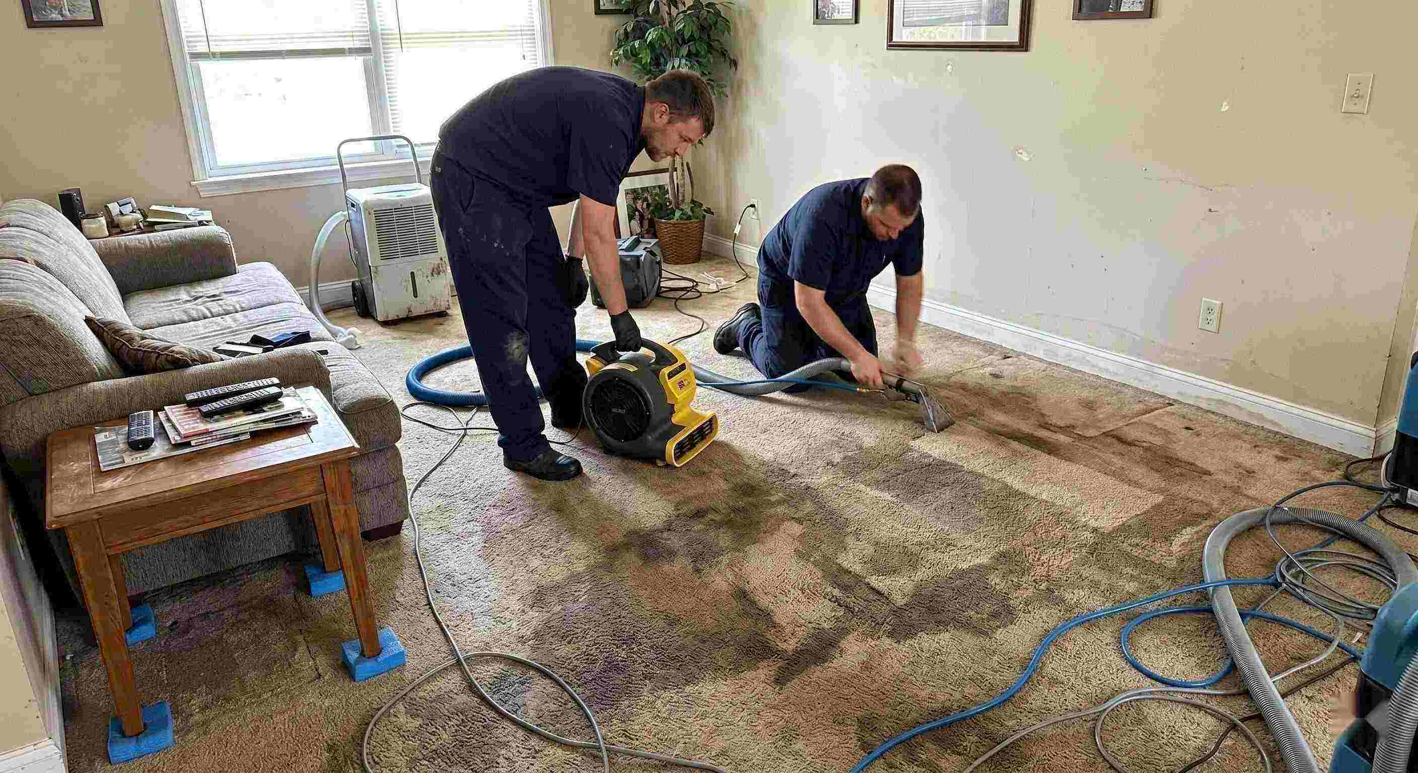 wet carpet cleanup service in Baltimore removing moisture from soaked residential carpet using extraction and drying equipment