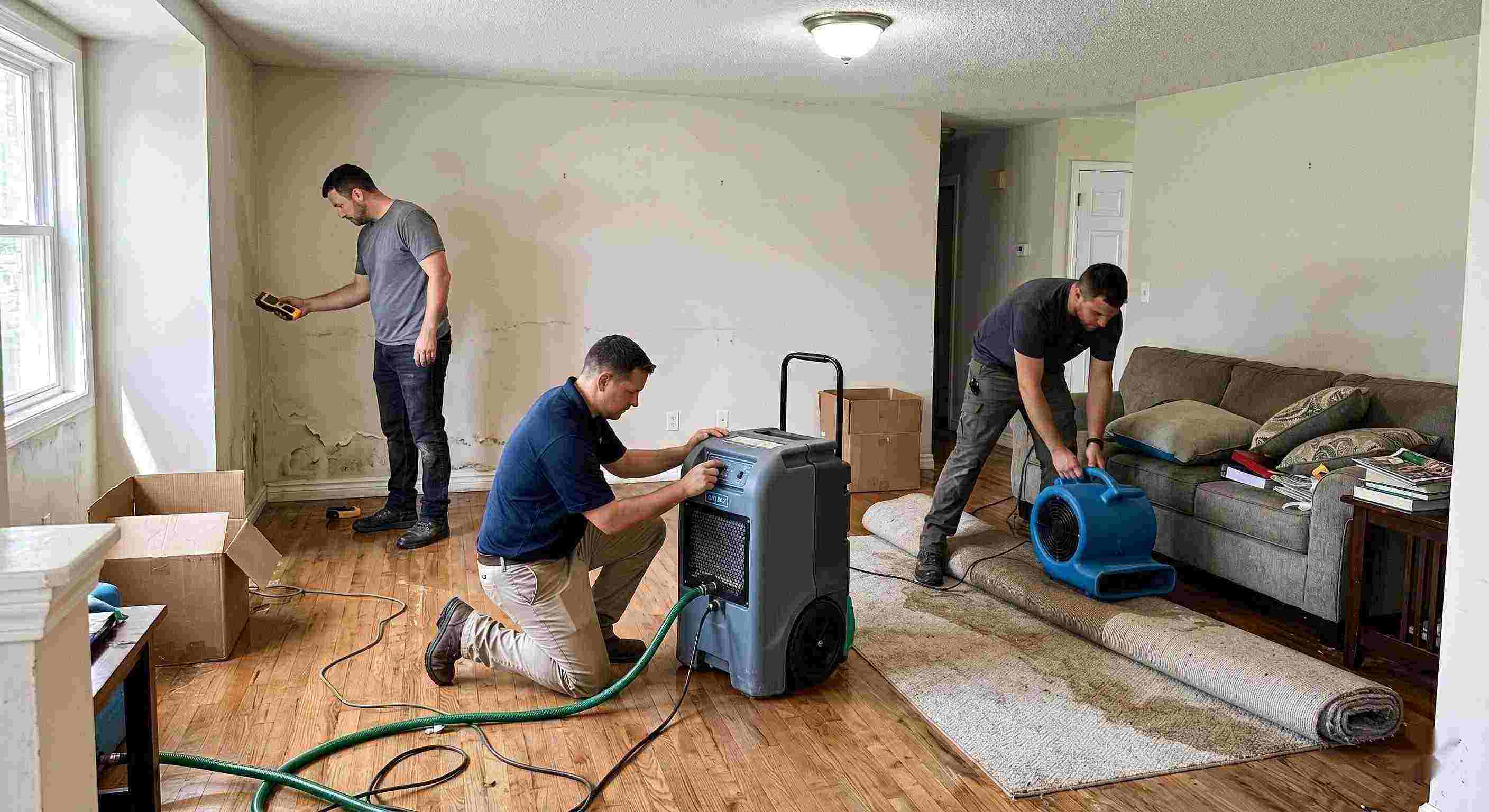 Local flood restoration team working in a water-damaged home, showing equipment and hands-on cleanup process in Baltimore