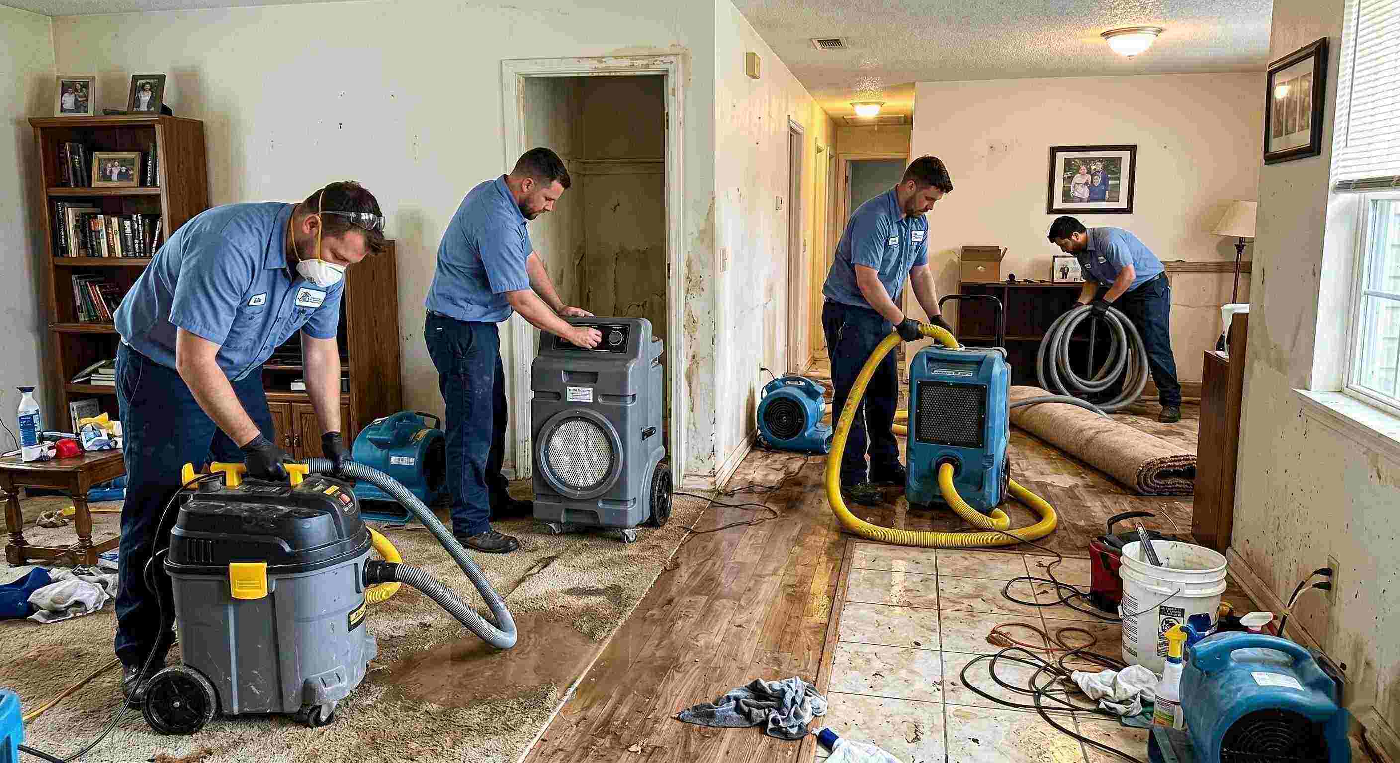 Realistic photo of sewage backup cleanup team using professional equipment in a home interior, showing trust, teamwork, and proper restoration techniques in Baltimore.